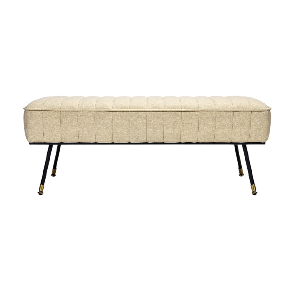 **Banquette moderne en tissu beige avec pieds métalliques**