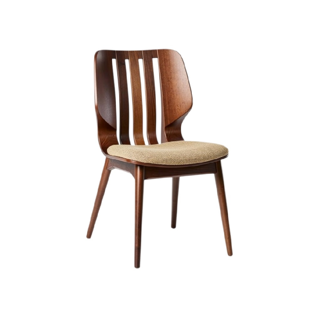 **Chaise en bois avec dossier lamellé et assise en tissu, style contemporain**