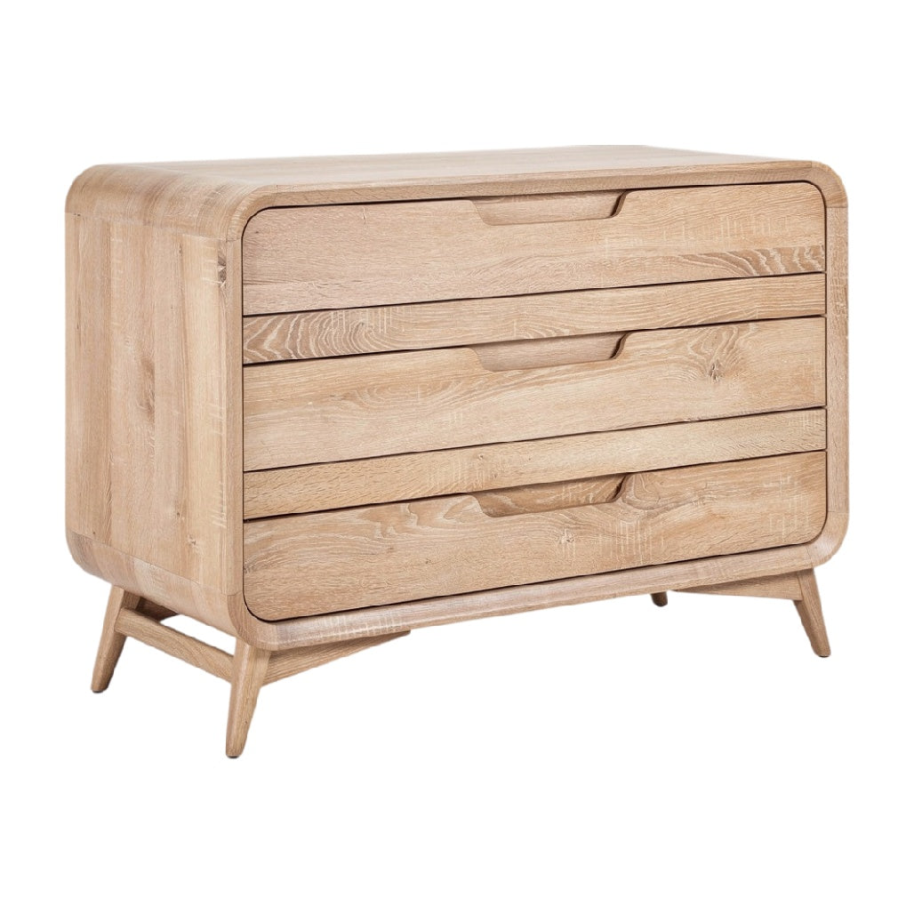 **Titre technique : Commode en bois clair avec trois tiroirs et pieds en bois**